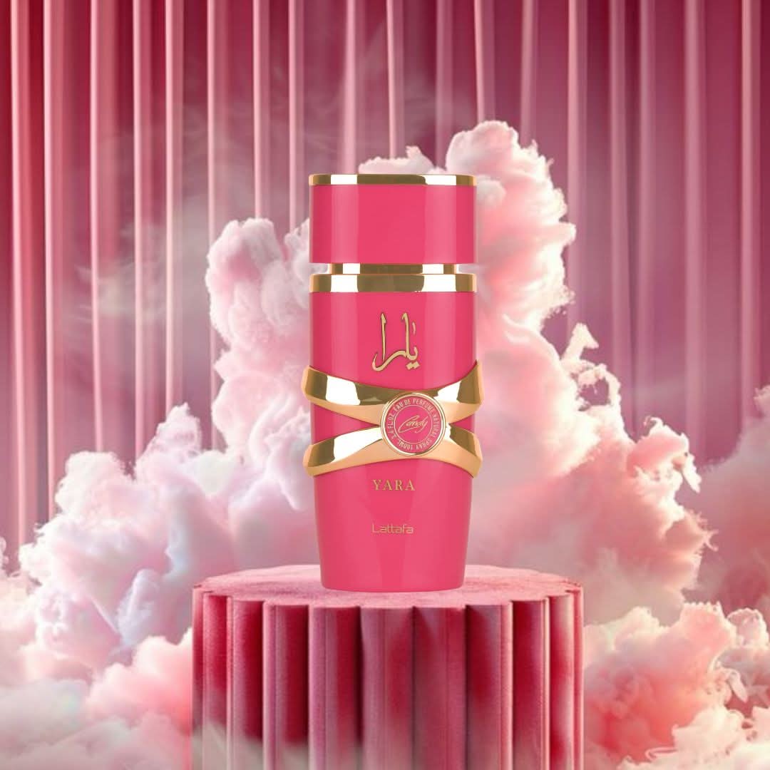Yara Candy Eau de Parfum spray by Lattafa, 100ml bottle with elegant packaging, showcasing the perfume bottle on a neutral background.