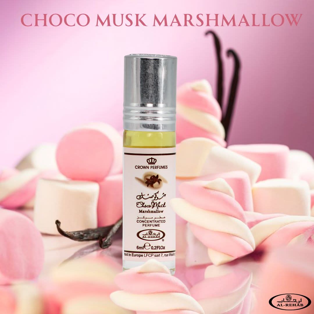 Al Rehab Choco Musk Marshmallow perfume oil in a 6ml bottle, featuring a dark amber liquid and a sleek packaging design.