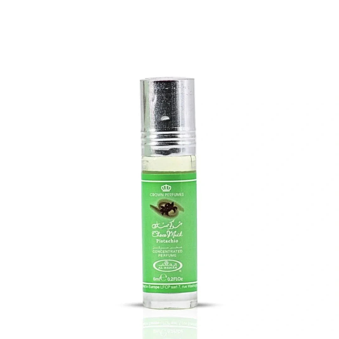 Al Rehab Choco Musk Pistachio perfume oil bundle with three 6ml bottles, featuring rich chocolate and pistachio fragrance.