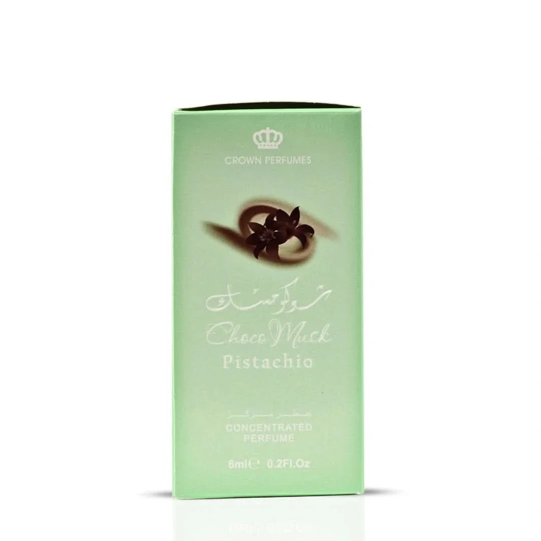 Bundle of three Al Rehab Choco Musk Pistachio perfume oil bottles, 6ml each, in clear containers with black caps.