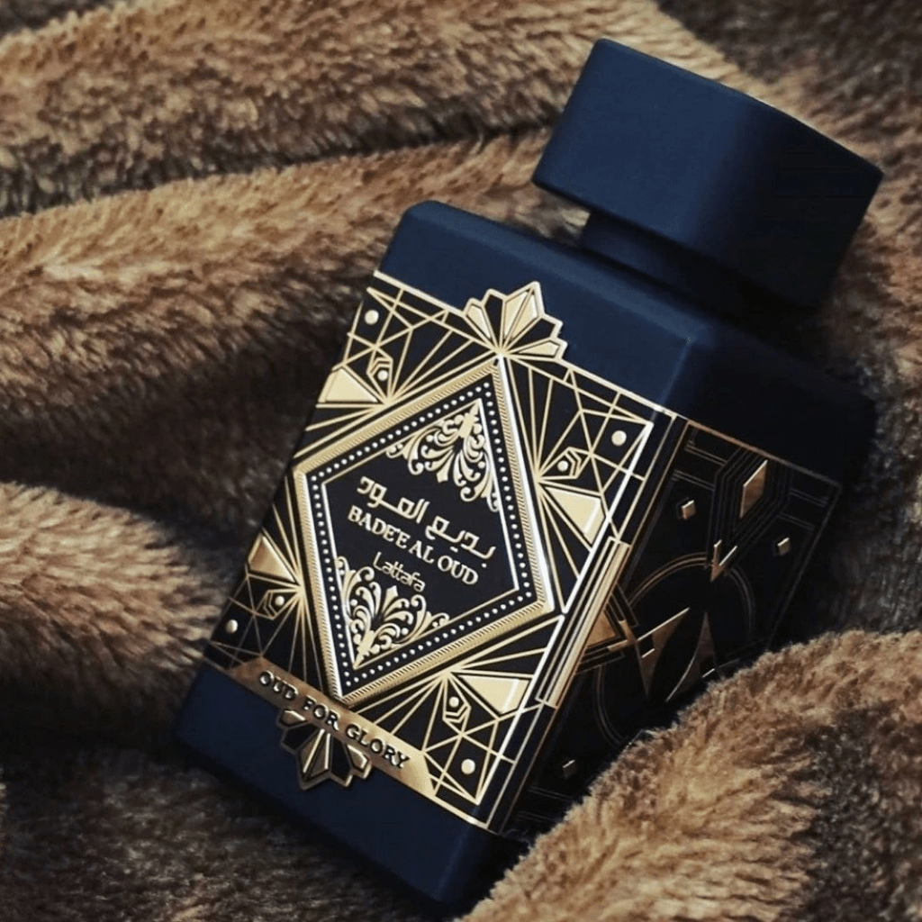 Lattafa Bade'e Al Oud Eau de Parfum spray 100ml bottle with ornate packaging and elegant design.