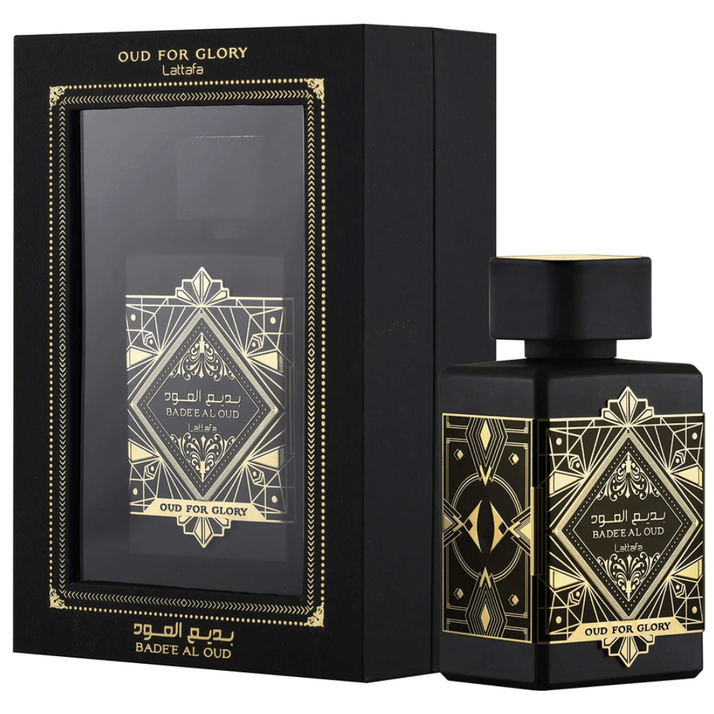 Lattafa Bade'e Al Oud Eau de Parfum spray 100ml bottle with elegant design and golden accents.