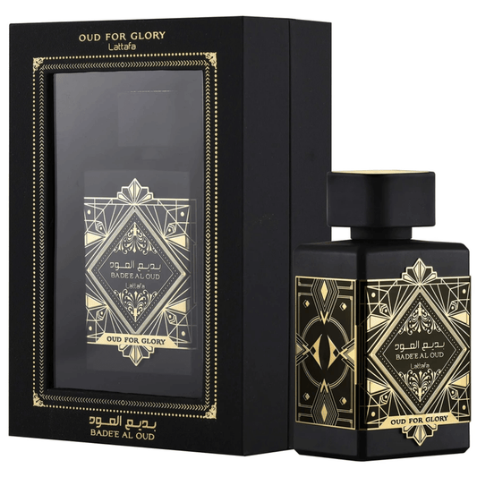 Lattafa Bade'e Al Oud Eau de Parfum spray 100ml bottle with elegant design and golden accents.