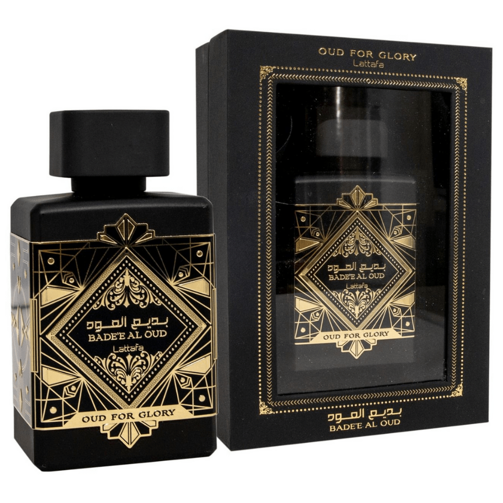 Lattafa Bade'e Al Oud Eau de Parfum spray 100ml, showcasing the elegant bottle and luxurious scent profile.