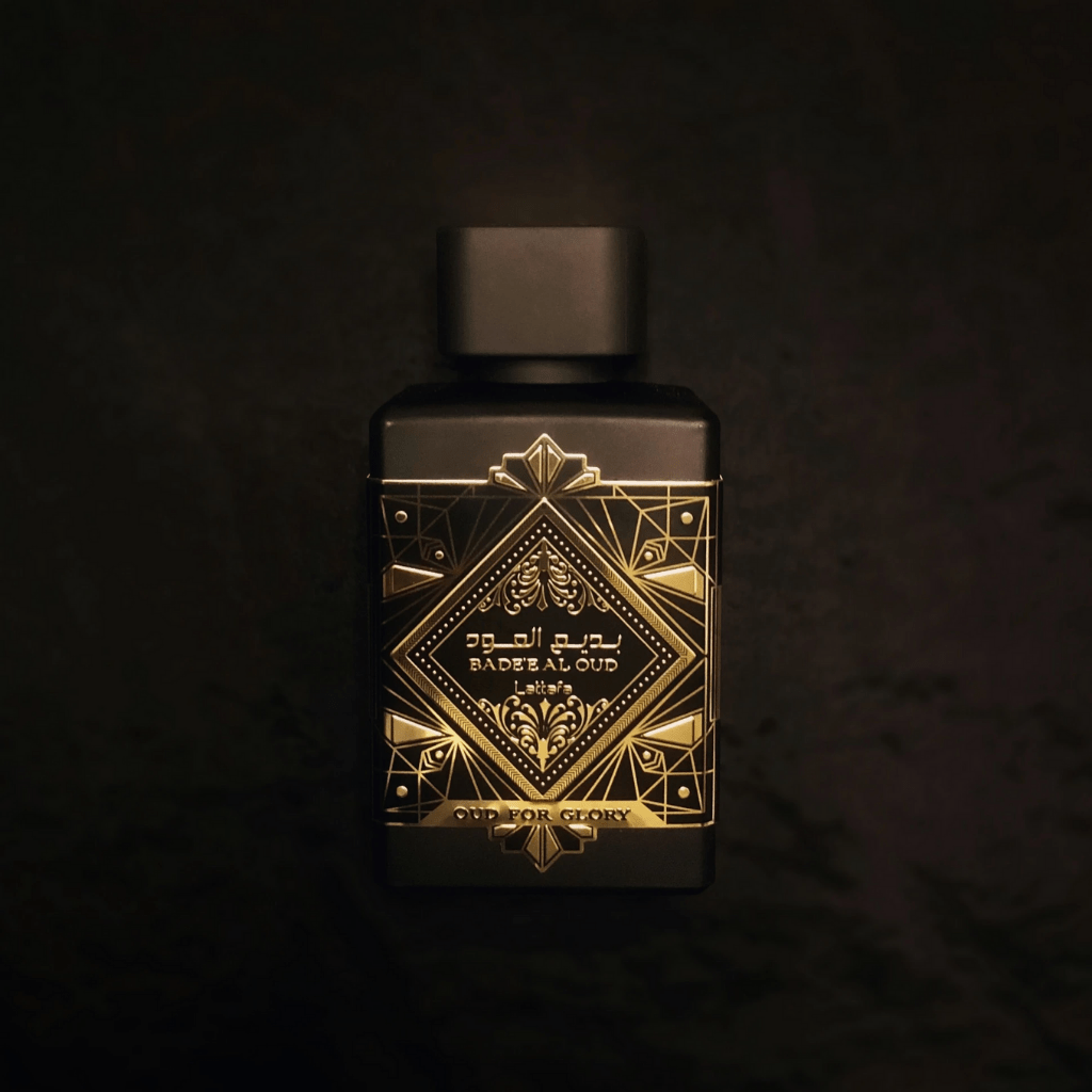 Lattafa Bade'e Al Oud Eau de Parfum spray 100ml bottle with elegant packaging and oud fragrance design.