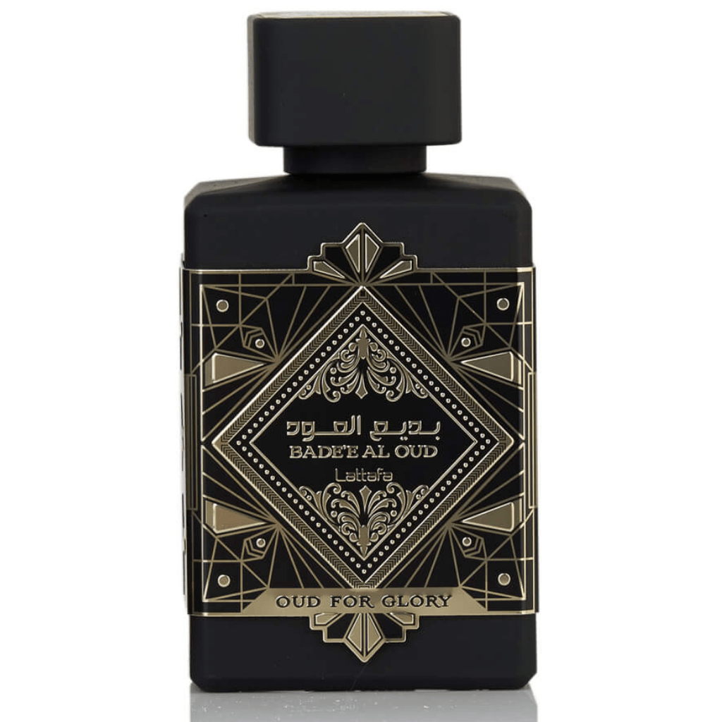 Lattafa Bade'e Al Oud Eau de Parfum spray 100ml bottle, elegant packaging and dark-colored fragrance bottle.