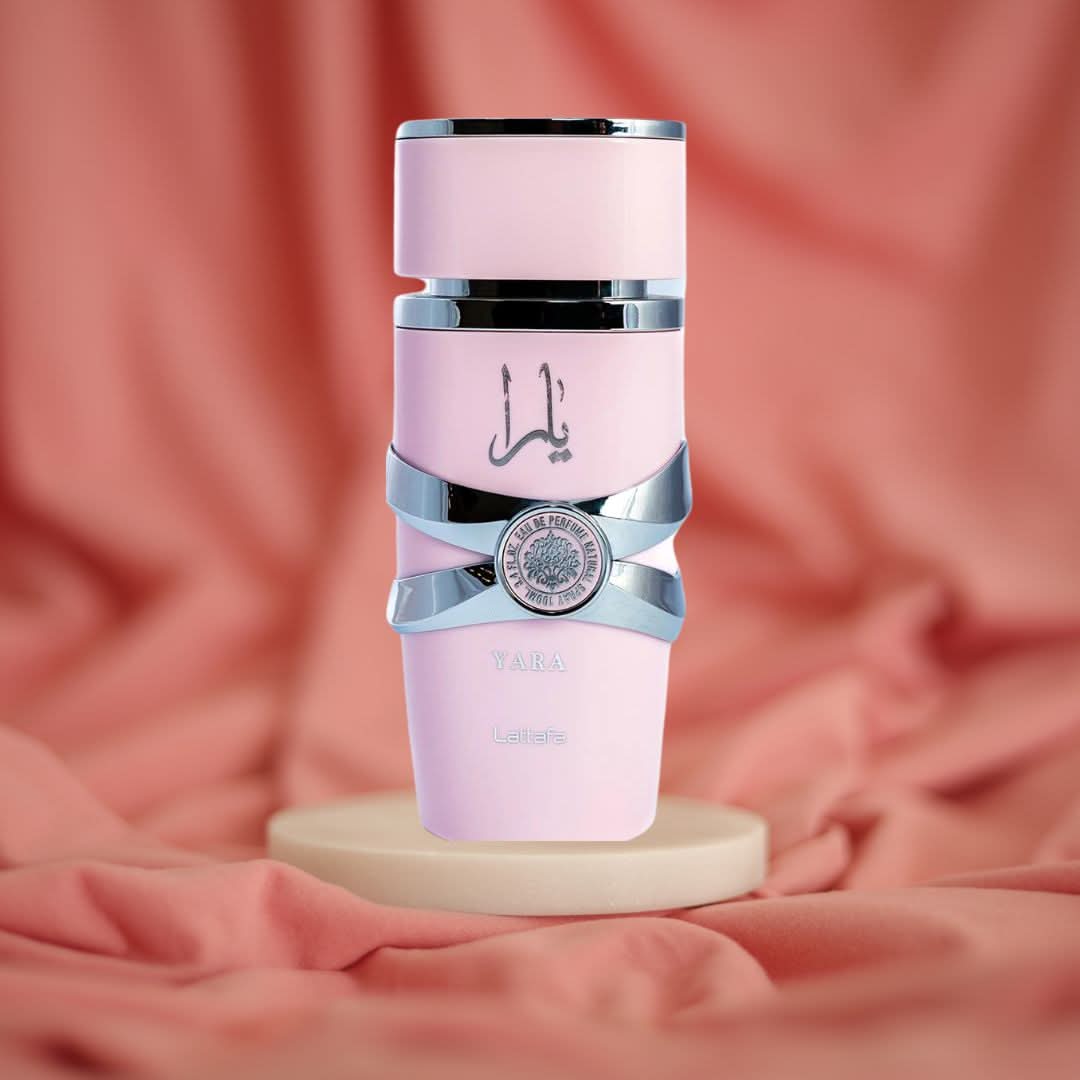 Lattafa Yara Eau de Parfum spray 100ml bottle, elegant fragrance with a sleek design, showcased on a neutral background.