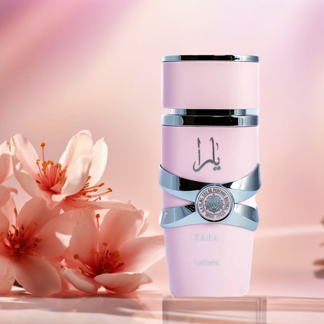 Yara Eau de Parfum Spray by Lattafa, 100ml, featuring a sleek glass bottle with a silver cap and elegant fragrance label.