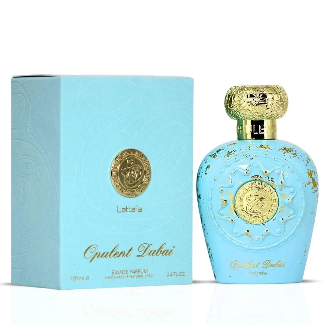 Opulent Dubai Eau de Parfum Spray by Lattafa, 100ml, featuring a sleek glass bottle with luxurious gold accents.