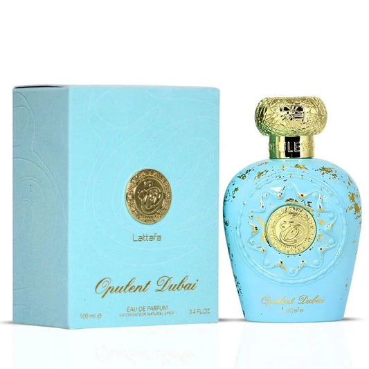 Opulent Dubai Eau de Parfum Spray by Lattafa, 100ml, featuring a sleek glass bottle with luxurious gold accents.