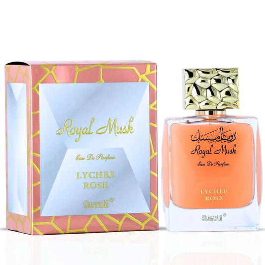 Surrati Royal Musk Lychee Rose Eau de Parfum spray 100ml, featuring floral and musky notes in a sleek bottle.