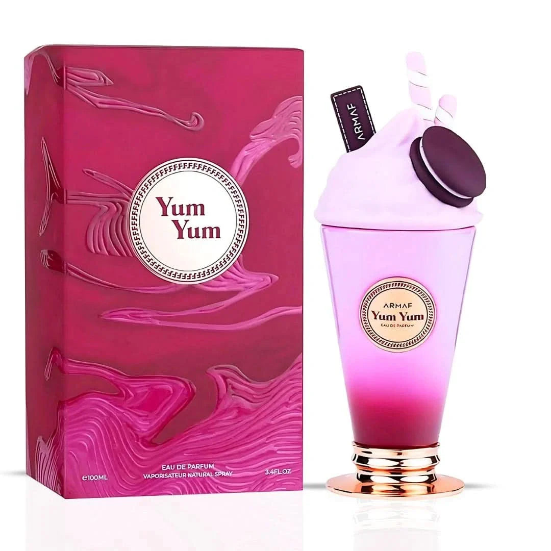 Armaf Delights Yum Yum Eau de Parfum spray bottle, 100ml, with elegant packaging and fragrance details visible.