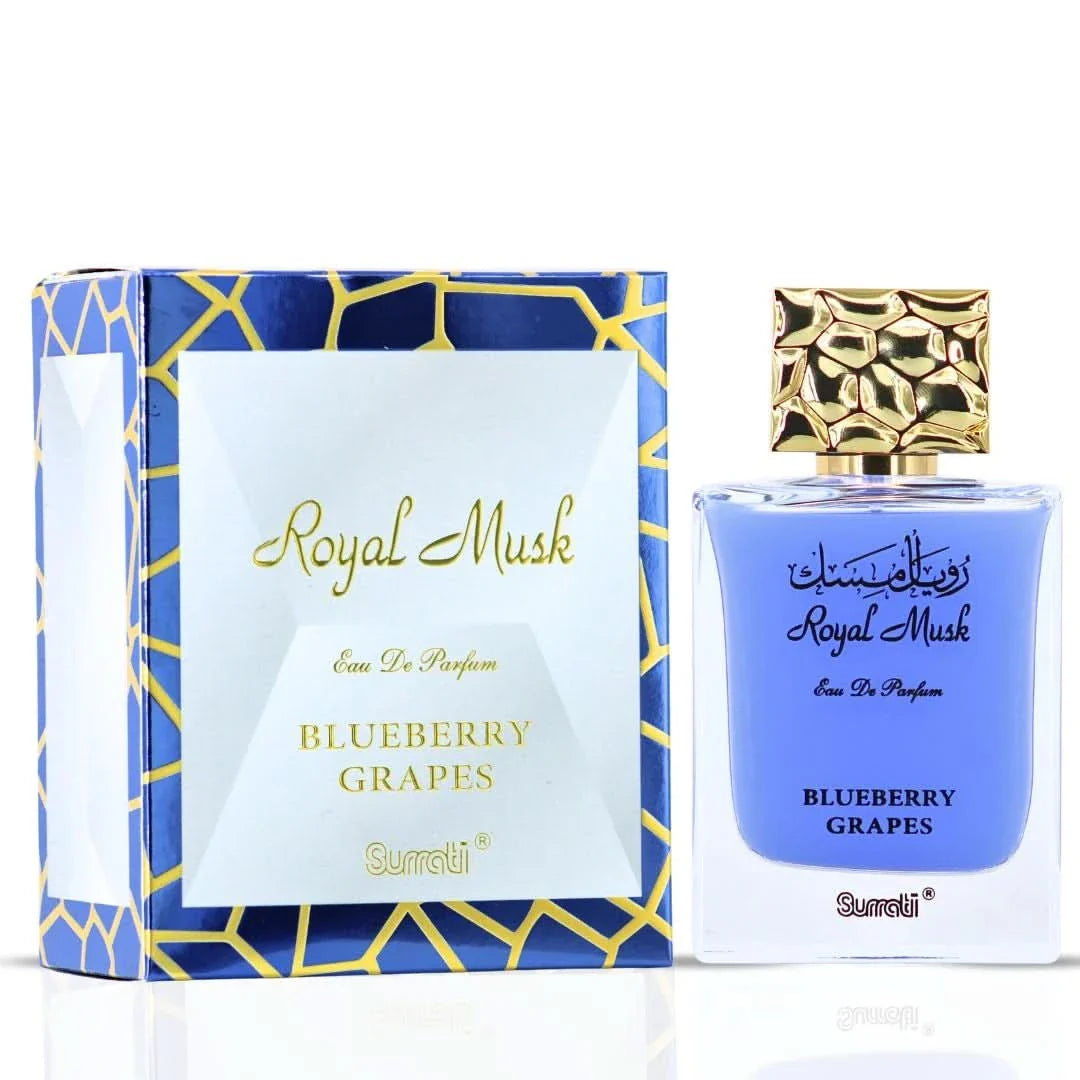 Surrati Royal Musk Blueberry Grapes Eau de Parfum spray bottle with a sleek design, 100ml size, and blue accents.