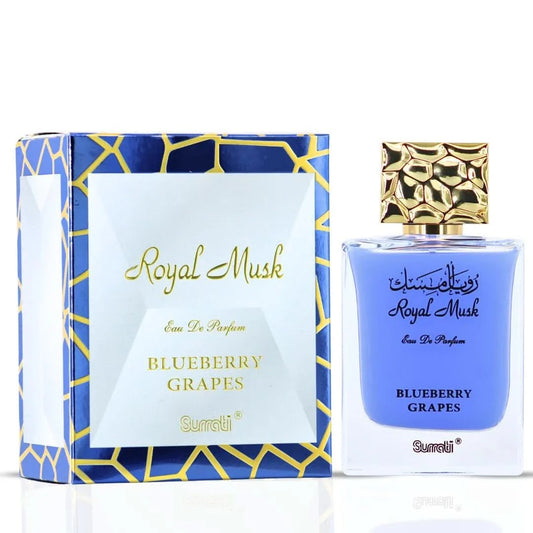 Surrati Royal Musk Blueberry Grapes Eau de Parfum spray bottle with a sleek design, 100ml size, and blue accents.