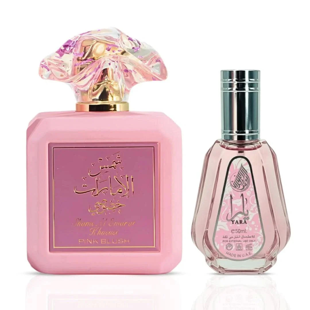 Ard Al Zaafaran perfume bundle with Pink Blush Shams Al Emarat 100ml and Yara 50ml Eau de Parfum sprays on a white background.