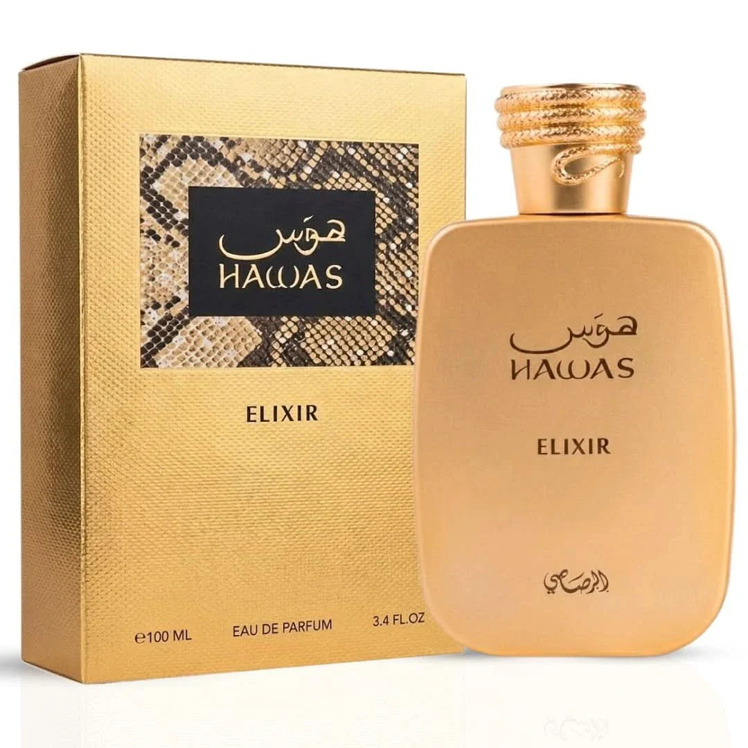 Rasasi Hawas Elixir Eau de Parfum spray bottle, 100ml, showcasing the elegant packaging and fragrance branding.