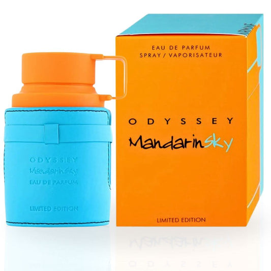 Odyssey Mandarin Sky Limited Edition Eau de Parfum spray by Armaf, 100ml, with sleek bottle and vibrant orange and blue design.