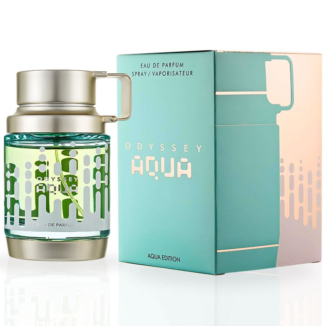 Odyssey Aqua Edition Eau de Parfum spray by Armaf, 100ml bottle with sleek design and transparent glass showing the fragrance.