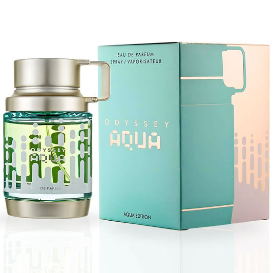 Odyssey Aqua Edition Eau de Parfum spray by Armaf, 100ml bottle with sleek design and transparent glass showing the fragrance.