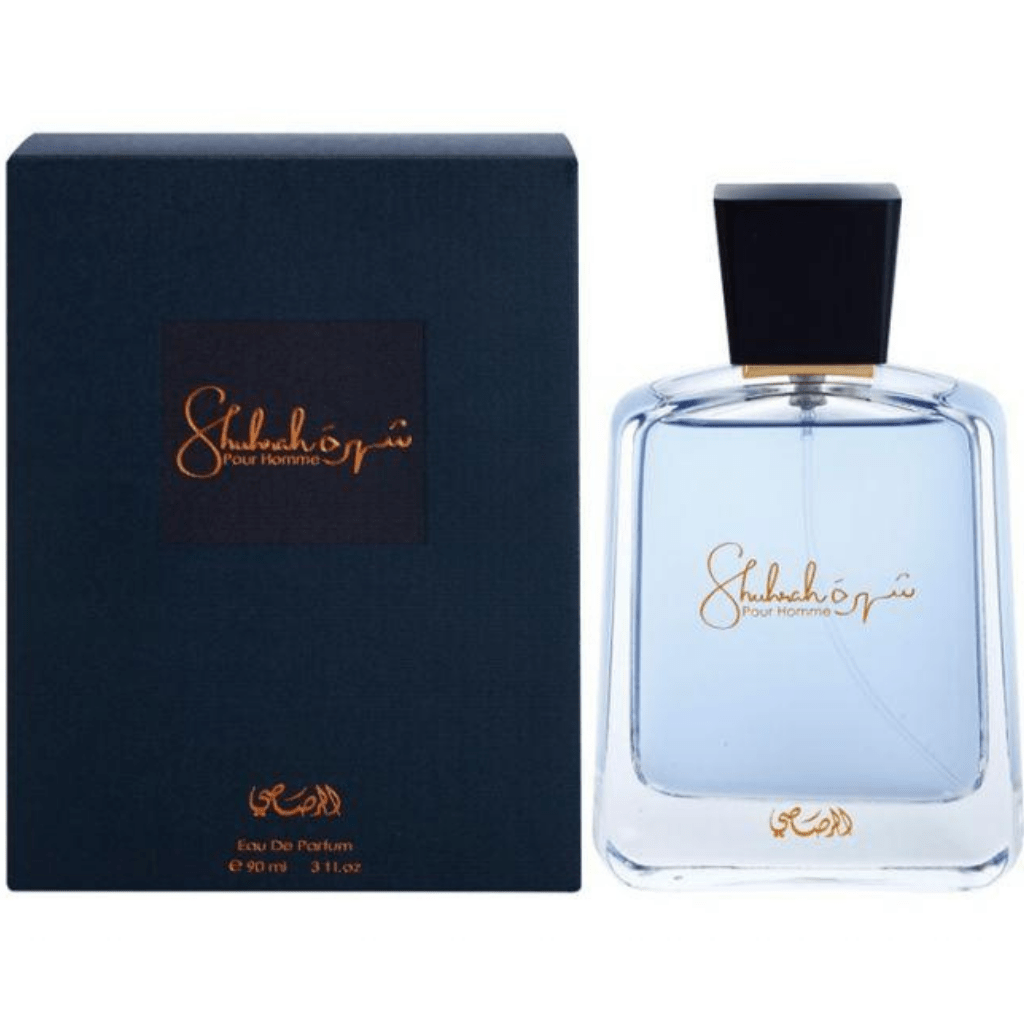 Shuhrah Pour Homme Eau de Parfum spray by Rasasi, 90ml bottle with sleek design and elegant branding.