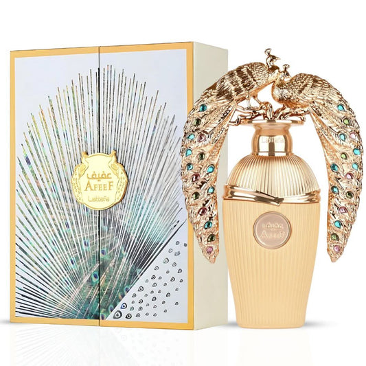 Afeef Eau de Parfum Spray by Lattafa, 100ml bottle with elegant packaging and a sleek design.