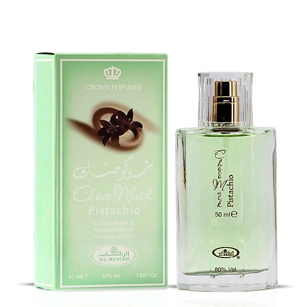 Al Rehab Choco Musk Pistachio Eau de Parfum spray bottle, 50ml, with a sleek design and a chocolate and pistachio fragrance theme.