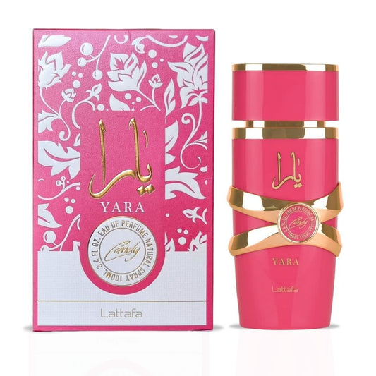 Lattafa Yara Candy Eau de Parfum spray 100ml bottle with a sleek design and floral fragrance details.
