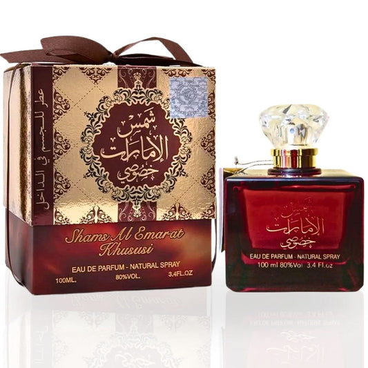 Shams Al Emarat Khususi Eau de Parfum spray by Ard Al Zaafaran, 100ml bottle with elegant packaging and fragrance details