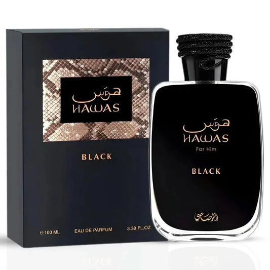 Hawas Black Eau de Parfum Spray by Rasasi, 100ml, featuring a sleek black bottle and elegant cap, showcasing the fragrance's stylish design.