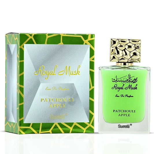 Surrati Royal Musk Patchouli Apple Eau de Parfum spray bottle, 100ml, with elegant packaging and floral fragrance design.