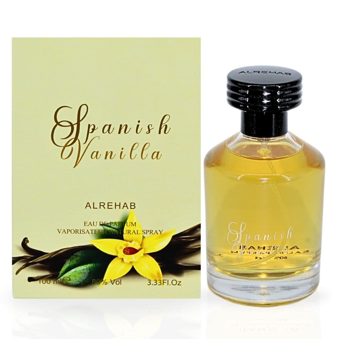 Spanish Vanilla Eau de Parfum spray by Al Rehab, 100ml bottle with elegant packaging, showcasing the fragrance's vanilla notes.