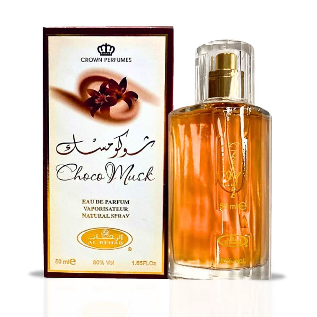 Al Rehab Choco Musk Eau de Parfum spray 50ml, bottle with elegant design, showcasing the fragrance for women and men.