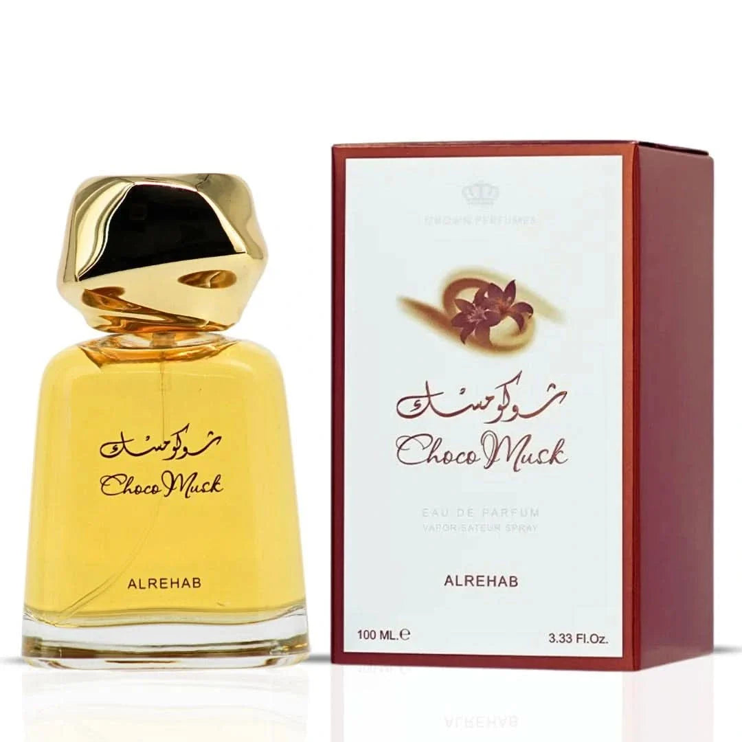 Al Rehab Choco Musk Eau de Parfum spray 100ml bottle with elegant packaging and a sleek, dark-colored design.
