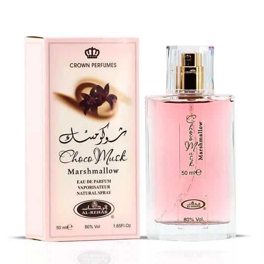 Al Rehab Choco Musk Marshmallow Eau De Parfum spray bottle, 50ml, featuring a sleek design and caramel-colored liquid.
