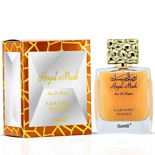 Surrati Royal Musk Caramel Toffee Eau de Parfum spray bottle, 100ml, featuring a luxurious fragrance with caramel and musk notes.