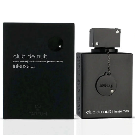 Armaf Club De Nuit Intense Man Eau de Parfum spray bottle, 200ml, with sleek black packaging and silver cap.
