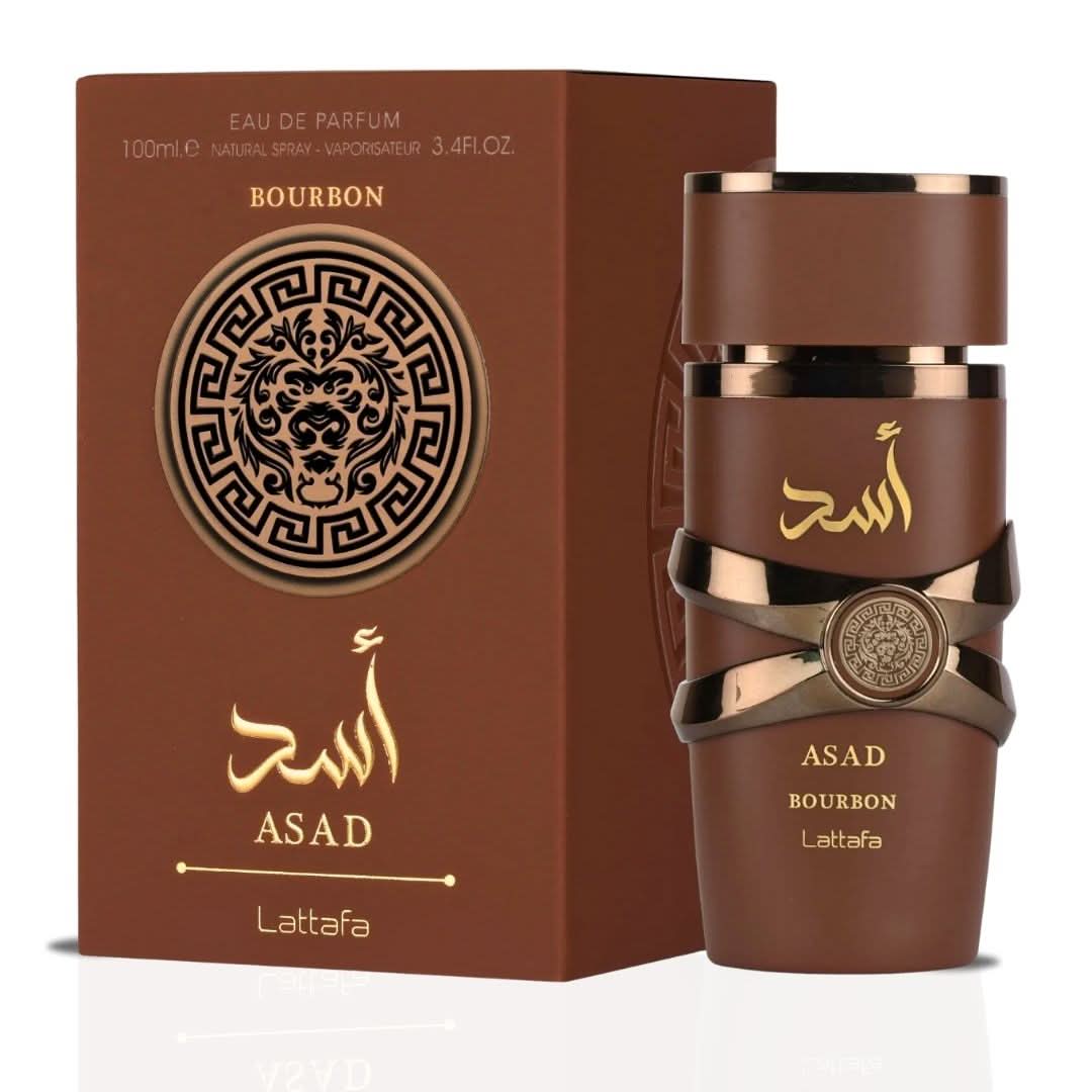 Lattafa Asad Bourbon Eau de Parfum spray bottle, 100ml, with sleek design and label showing product details.