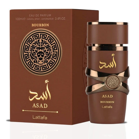 Lattafa Asad Bourbon Eau de Parfum spray bottle, 100ml, with sleek design and label showing product details.