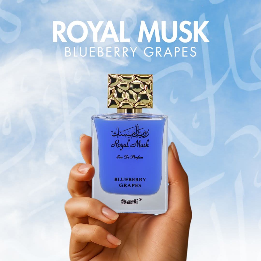 Surrati Royal Musk Blueberry Grapes Eau de Parfum spray bottle, 100ml, with elegant packaging and branding visible.