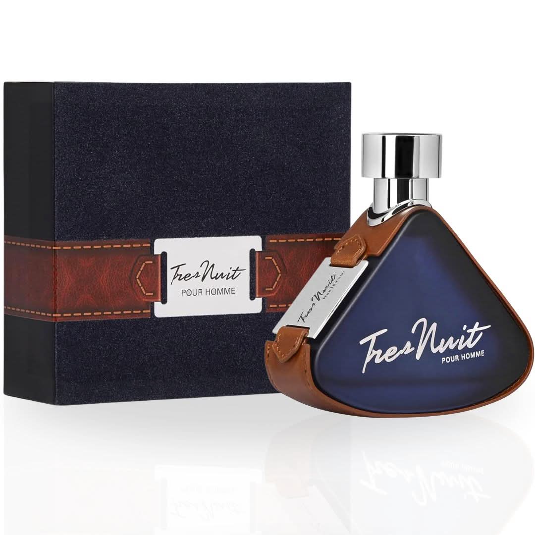 Tres Nuit Pour Homme Eau de Parfum spray by Armaf, 100ml bottle, sleek black packaging with silver accents.