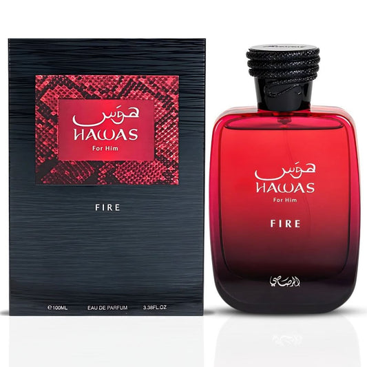 Rasasi Hawas Fire for Him Eau de Parfum spray 100ml bottle, sleek design, featuring the fragrance's branding and packaging.