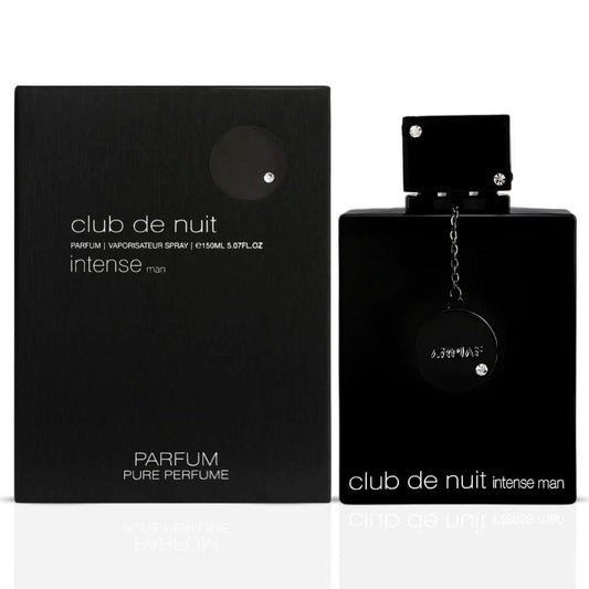 Armaf Club De Nuit Intense Man Pure Parfum Spray, 150ml, EDP extrait de parfum bottle with dark packaging and silver accents.