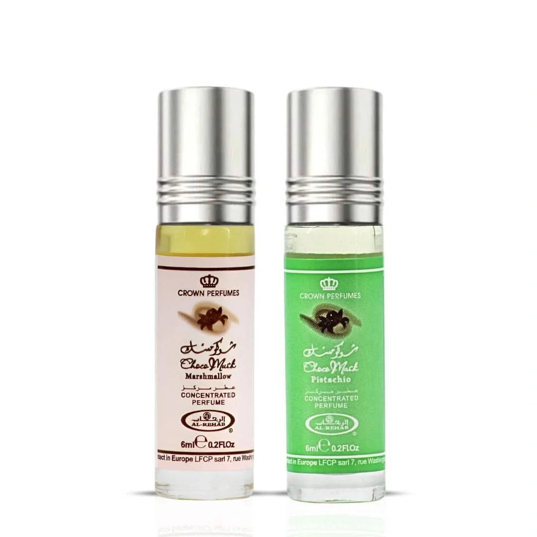 Al Rehab Choco Musk Marshmallow and Pistachio perfume oil bundle, 6ml bottles, featuring luxurious fragrance with marshmallow and pistachio notes.