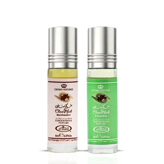 Al Rehab Choco Musk Marshmallow and Pistachio perfume oil bundle, 6ml bottles, featuring luxurious fragrance with marshmallow and pistachio notes.