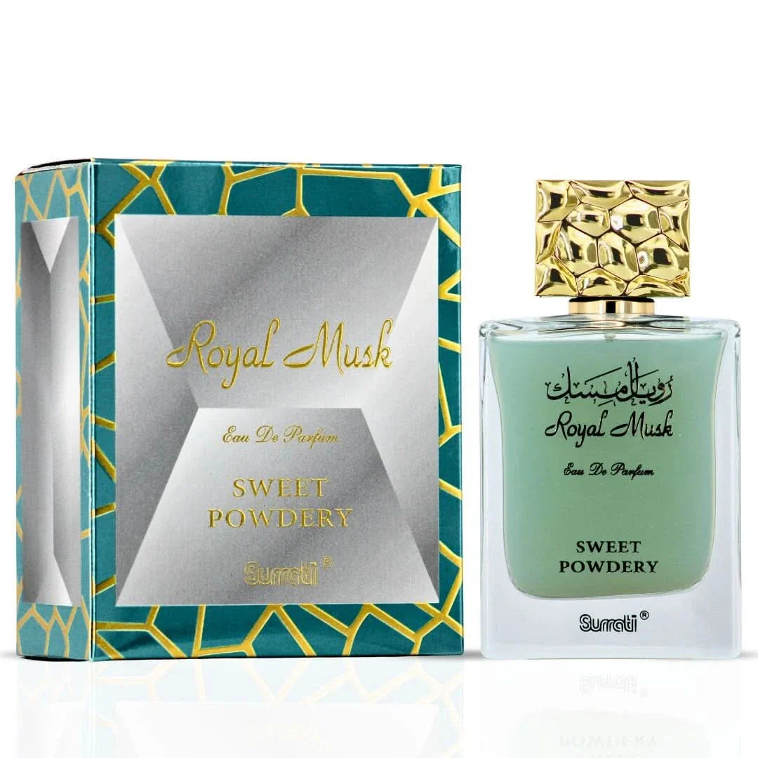 Surrati Royal Musk Sweet Powdery Eau de Parfum spray bottle, 100ml, with elegant packaging and a sleek design.