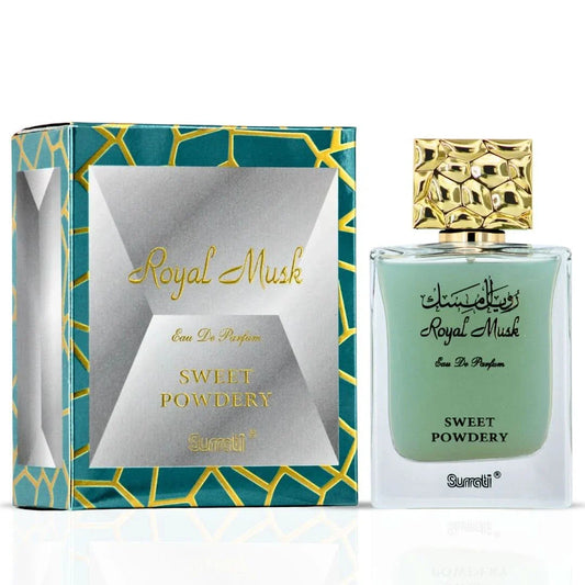 Surrati Royal Musk Sweet Powdery Eau de Parfum spray bottle, 100ml, with elegant packaging and a sleek design.