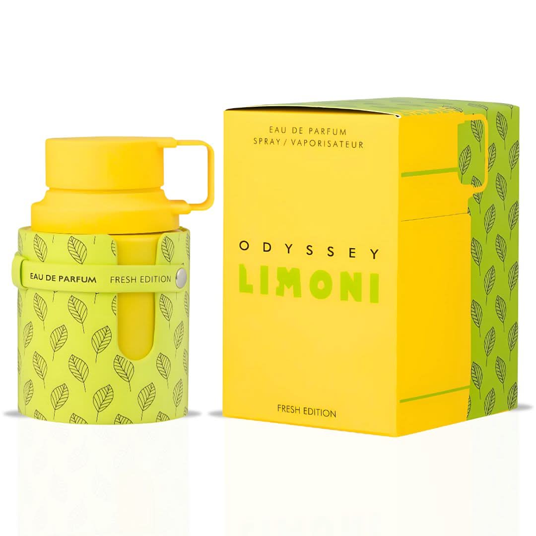 Odyssey Limoni Eau de Parfum spray by Armaf in 100ml bottle, featuring a sleek design and lemon-inspired fragrance.