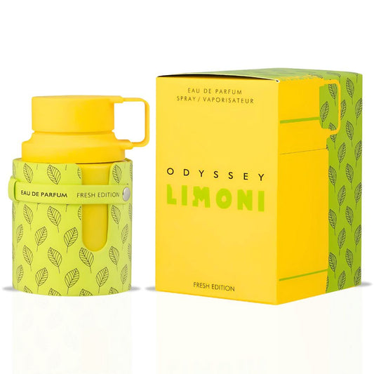 Odyssey Limoni Eau de Parfum spray by Armaf in 100ml bottle, featuring a sleek design and lemon-inspired fragrance.