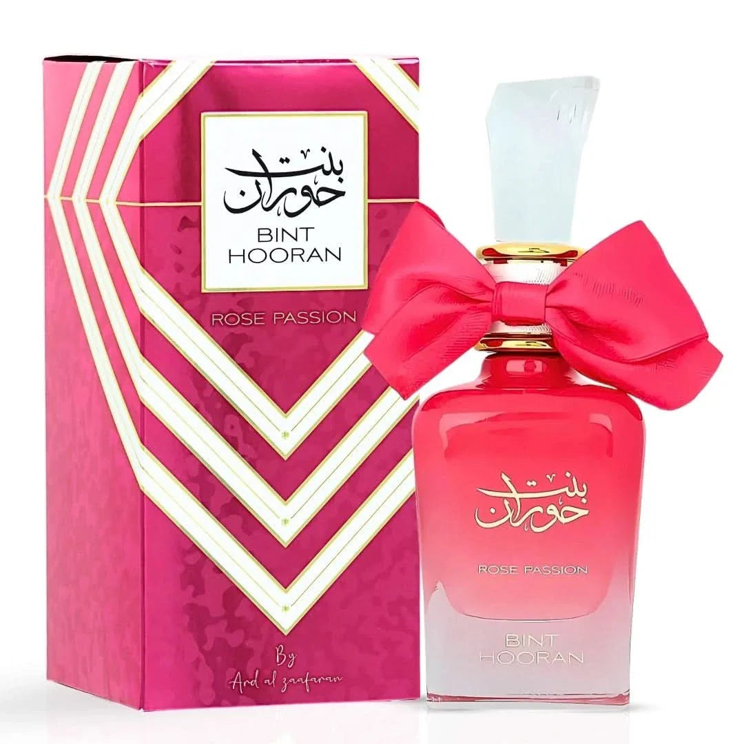 Bint Hooran Rose Passion Eau de Parfum spray by Ard Al Zaafaran, 100ml, with elegant floral bottle and pink rose accents.