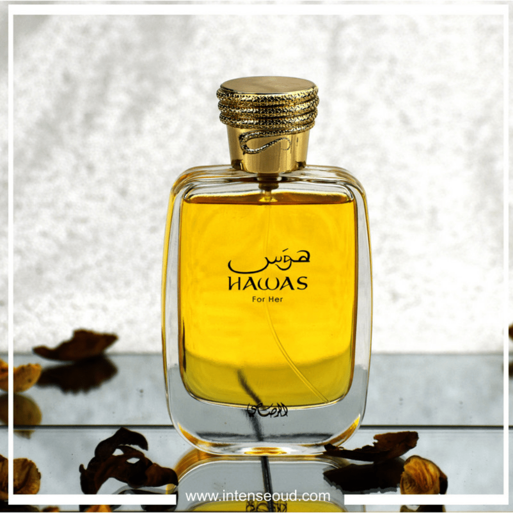 Rasasi Hawas for Her Eau de Parfum spray bottle, 100ml, featuring elegant packaging and a floral fragrance design.